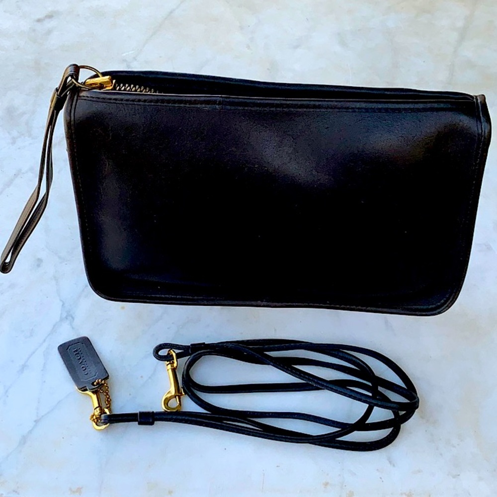 COACH WRISTLET CLUTCH PURSE 11 IN BY 7 IN VINTAGE BLACK 9455 LEATHER BOX 1980s